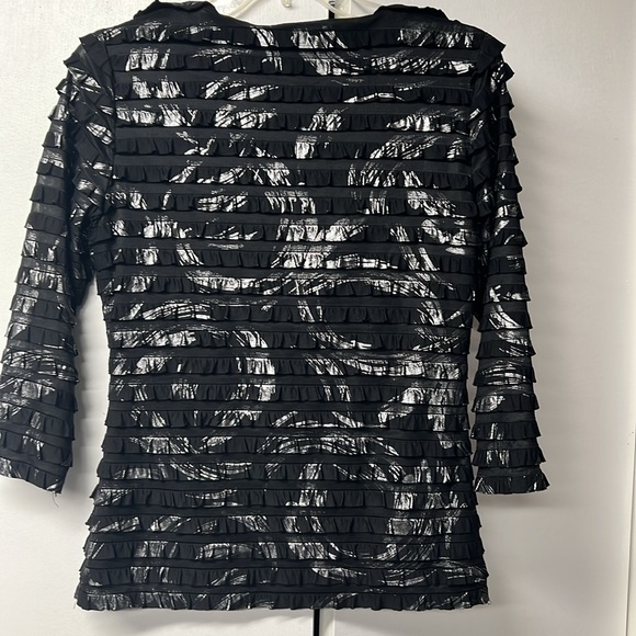 Frank Lyman brand black and silver 3/4 sleeve ruffle top with v neck. - Picture 4 of 4